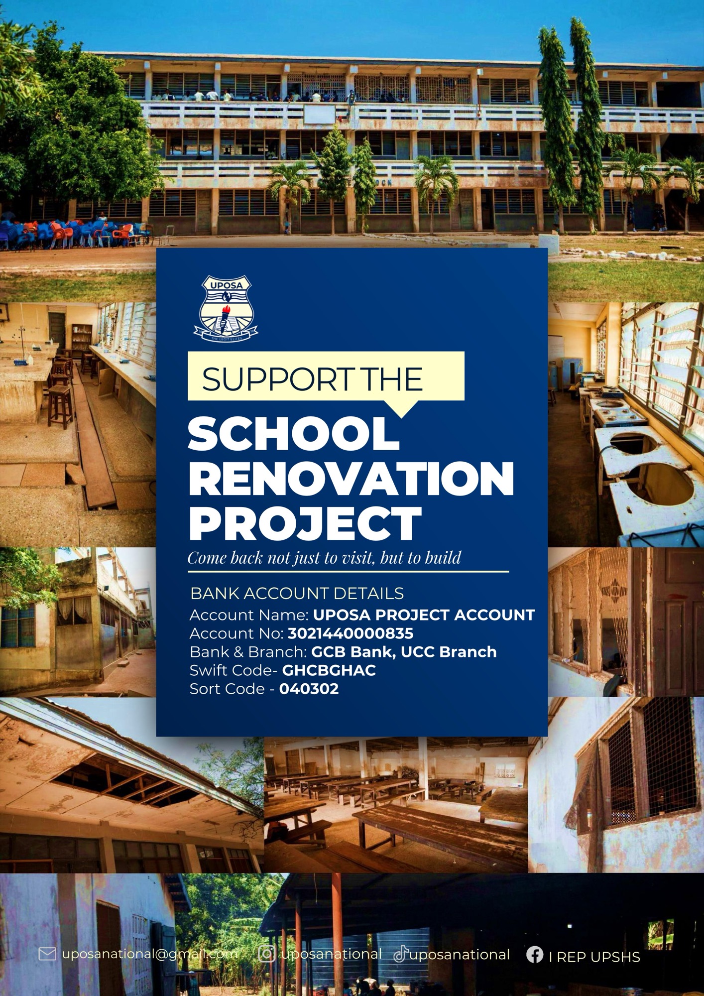UPOSA School Renovation Project fundraising flyer 2 with school photographs and payment details